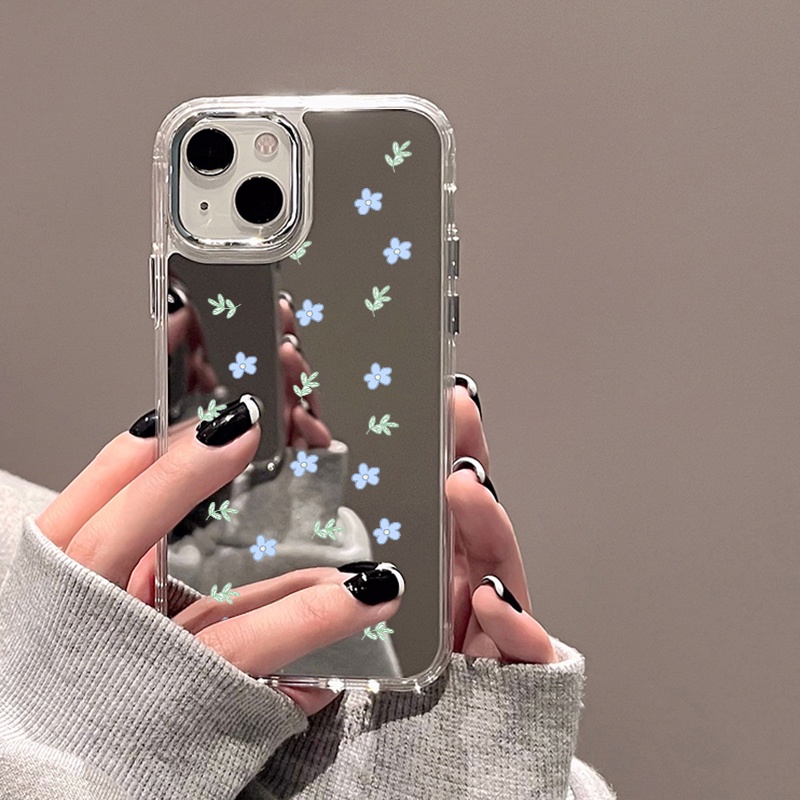 Case เคส for iPhone 11 12 13 14 15 Pro Max เคสไอโฟน13 12 14 กรณีโทรศัพท์มือถือชุบกระจกกรณีโทรศัพท์ดาวดอกไม้สีฟ้า
