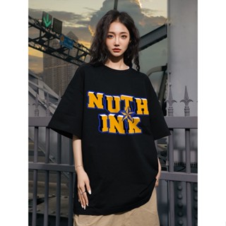 เสื้อยืดแขนสั้นลําลอง ผ้าฝ้ายแท้ ทรงหลวม พิมพ์ลายตัวอักษร Nuthink American Street แฟชั่นฤดูร้อน สําหรับผู้ชาย และคู่รัก