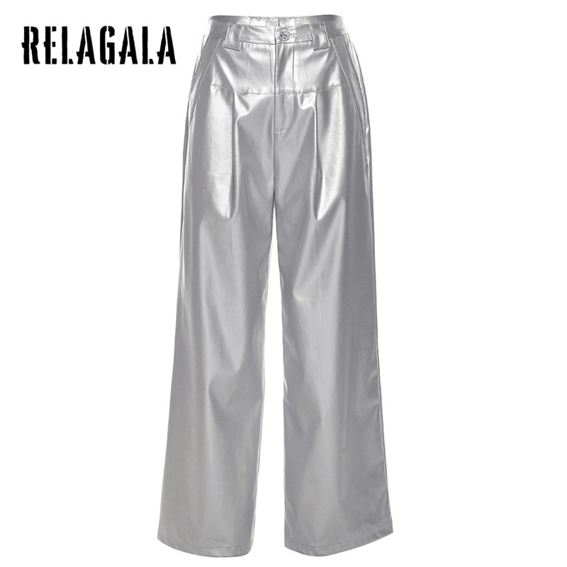 RelaGala ผู้หญิงใหม่สีทึบหลวม Street แฟชั่นเอวสูงกางเกงขากว้างตรงสบายๆ