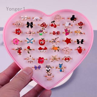 Yonger 36 ชิ้น / กล่อง แหวนการ์ตูนน่ารัก สัตว์เกาหลี ดอกไม้ ปรับได้ แหวนเด็ก สําหรับเด็กผู้หญิง ของขวัญน่ารัก