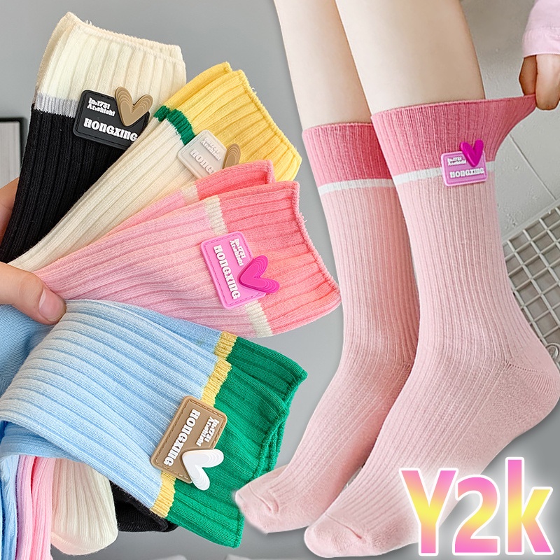 ถุงน่องลําลอง ผ้าฝ้าย Y2K ลายหัวใจน่ารัก สีชมพู สีฟ้า เหมาะกับฤดูใบไม้ผลิ และฤดูร้อน สไตล์ญี่ปุ่น สําหรับผู้หญิง 4 คู่