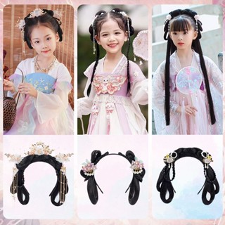 Hot Sale# Childrens ancient costume Chinese clothing wig headdress integrated lazy hair band wig bag antique style style bun girls hair accessories 8cc