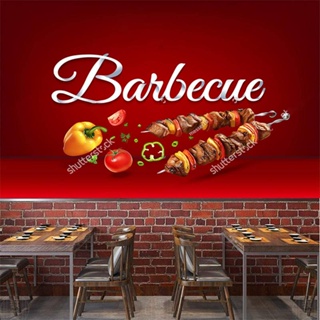 สติกเกอร์วอลเปเปอร์ ลายภาพวาด BBQ Kebab 3D สําหรับติดตกแต่งผนังบ้าน ร้านอาหาร บาร์ ขนมขบเคี้ยว