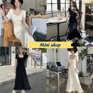 Mini shop🌸พร้อมส่ง🌸 (9A129) ชุดเดรสกระโปรงยาว ผ้าไหมพรมแขนสั้น เรียบหรู  -C