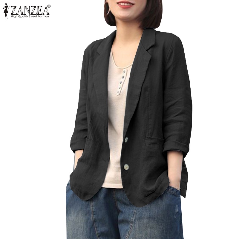 Zanzea เสื้อเบลเซอร์ แขนยาว ผ้าฝ้าย ลินิน มีกระเป๋า สไตล์เกาหลี สําหรับผู้หญิง