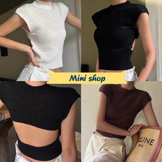 Mini shop🌸พร้อมส่ง🌸 (40022) เสื้อไหมพรมแขนกุดสีพื้น เว้าหลังผ้าไหมพรมนิ่ม -C