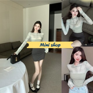 Mini shop🌸พร้อมส่ง🌸 (57010) เสื้อไหมพรมลายสก็อต ครึ่งตัวเป็นซีทรู -C