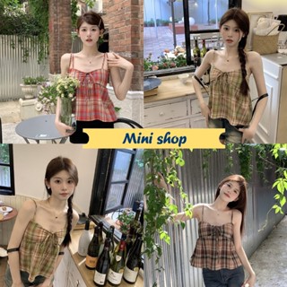 Mini shop🌸พร้อมส่ง🌸 (U059) เสื้อสายเดี่ยวไหมพรม สม๊อคหลัง ลายสก๊อต 3สี  -C