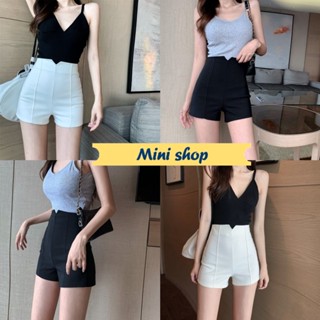 Mini shop🌸พร้อมส่ง🌸 (2222) กางเกงขาสั้นเอวสูง สีทึบทรงสลิม -NZ-H