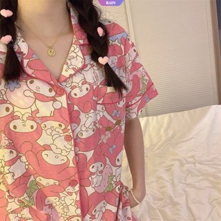 ชุดนอน เสื้อคาร์ดิแกน แขนสั้น พิมพ์ลายการ์ตูนอนิเมะ Sanrio My Melody ทรงหลวม แฟชั่นฤดูร้อน สําหรับผู้หญิง [RAIN]