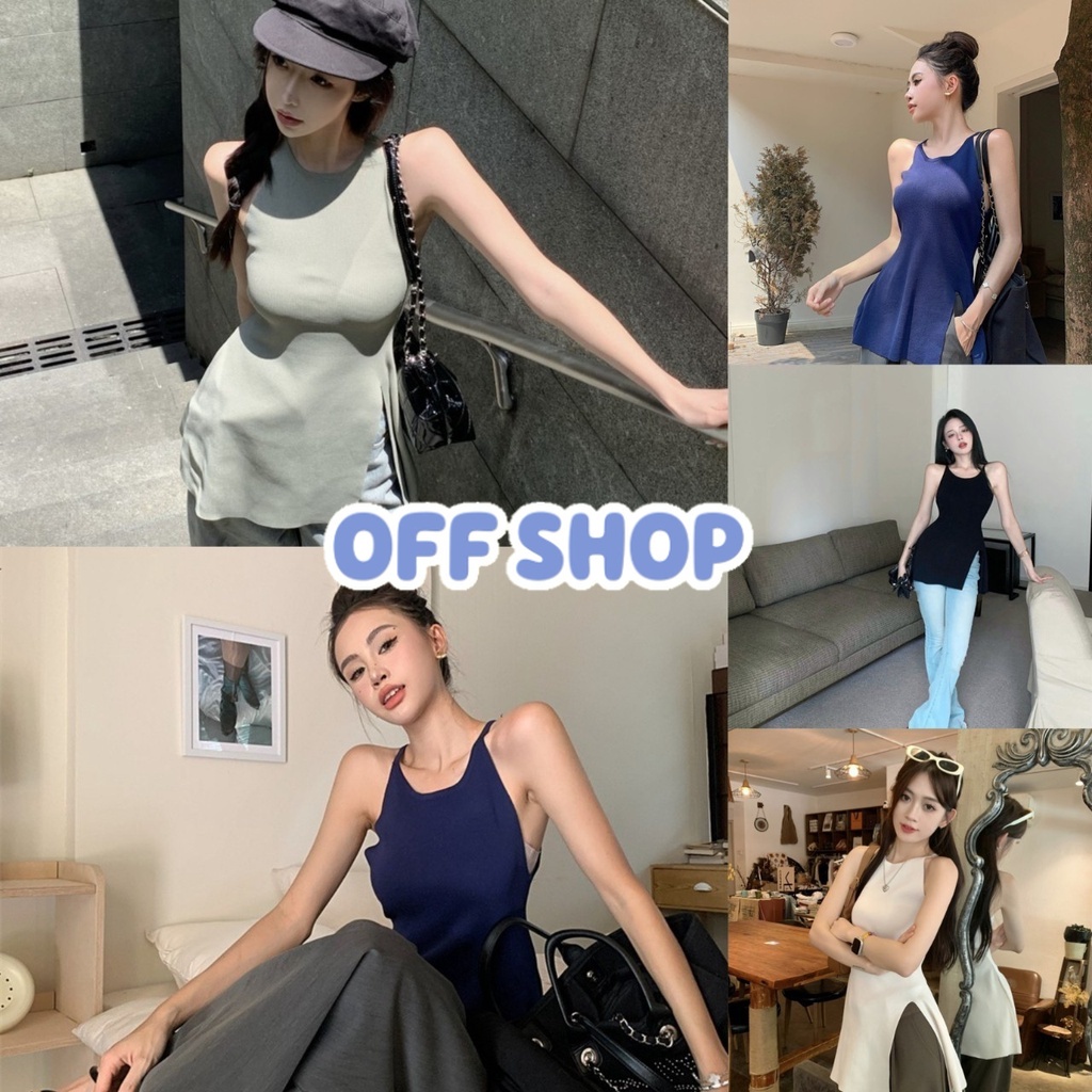 OFF SHOP พร้อมส่ง (OFF-31038) เสื้อสายเดี่ยวไหมพรมเรียบๆ แหวกด้านข้าง -C