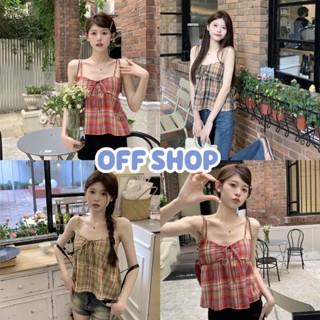 OFF SHOP พร้อมส่ง (OFF-U059) เสื้อสายเดี่ยวลายสก๊อต ผ้าไหมพรม สไตล์เกาหลีวินเทจ   -C