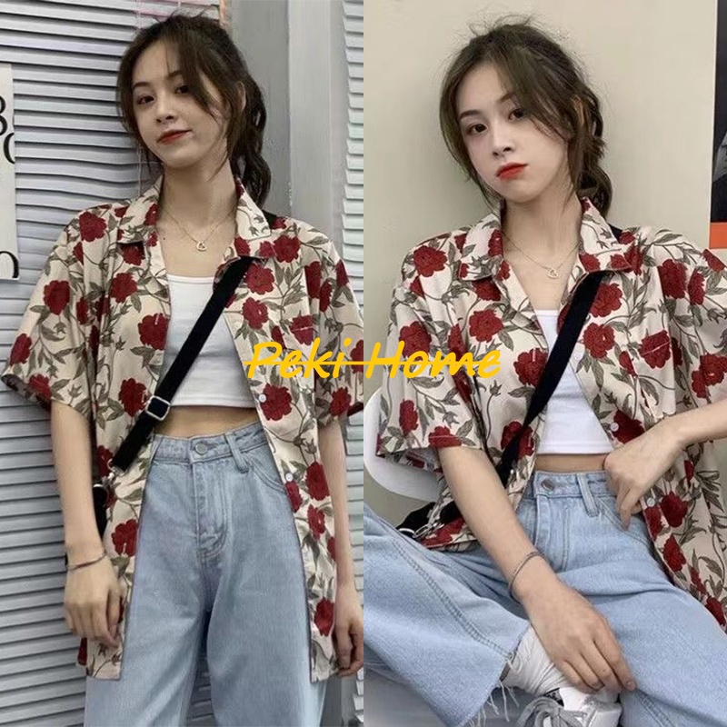 เสื้อเชิ้ตแขนสั้น พิมพ์ลายตัวอักษร และดอกไม้ ทรงหลวม เสื้อ สงกรานต์ ผู้หญิง