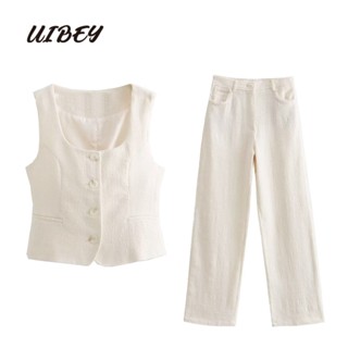 Uibey เสื้อกั๊ก ผ้าขนสัตว์ คอสี่เหลี่ยม + กางเกง แฟชั่น 7772