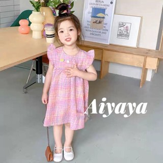 Aiyaya ชุดเดรสเด็กผู้หญิง ชุดเจ้าหญิงเด็ก ลายสก็อตสีชมพู แฟชั่นฤดูร้อน （794）