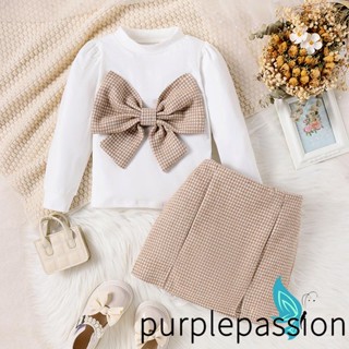 Purplepassion- ชุดเสื้อแขนยาว กระโปรง ทรงดินสอ ประดับโบว์ สีขาว แฟชั่นฤดูใบไม้ร่วง สําหรับเด็กผู้หญิง 2 ชิ้น