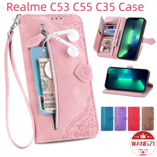 เคสโทรศัพท์หนัง ฝาพับ ลายดอกไม้ พร้อมช่องใส่บัตร มีซิป สําหรับ Realme C53 C55 C35 C33 C31 C30 C30s C21Y C25Y C25s C25 C15 C12 C17 C11 Narzo 50A 50i Prime