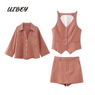 Uibey เสื้อเชิ้ตแฟชั่น + กางเกงขาสั้น เอวสูง 3930