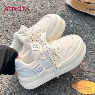 Atikota รองเท้าผ้าใบ รองเท้าวิ่ง แบบผูกเชือก สีขาว พื้นนิ่ม ทนต่อการสึกหรอ แฟชั่นสําหรับผู้หญิง