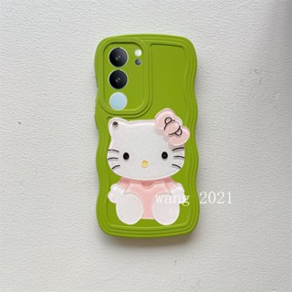 เคสโทรศัพท์มือถือนิ่ม ป้องกันเลนส์ ลายคลื่นใหญ่ พร้อมกระจกแต่งหน้า Hello Kitty สีพื้น เรียบง่าย สําหรับ VIVO V29 5G VIVO V29e V29 Pro 5G 2023 VIVOV29 5G