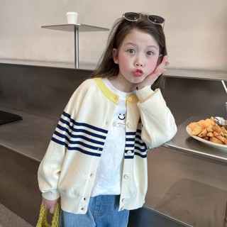 เสื้อกันหนาวแขนยาว คอกลม ผ้าถัก ลายทางน่ารัก ขนาดใหญ่ และปานกลาง สําหรับเด็กผู้หญิง