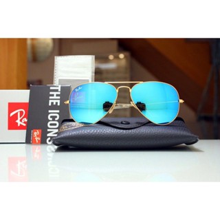 Rayban Aviator RB3025 ของแท้ แว่นตากันแดด กระจกคริสตัล สีทอง สีฟ้า แฟชั่น สําหรับผู้หญิง ผู้ชาย เดินทาง