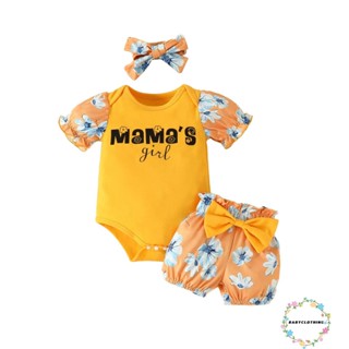 Babyclothes- ชุดรอมเปอร์ แขนสั้น + กางเกงขาสั้น ประดับโบว์ + ที่คาดผม เสื้อผ้าเด็กทารก 3 ชิ้น