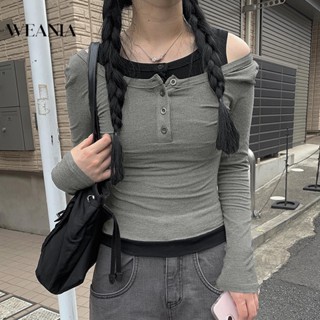 Weania เสื้อยืดลําลอง แขนยาว ผ้าถัก บล็อกสี โอเวอร์เลย์ ฤดูใบไม้ร่วง สําหรับผู้หญิง