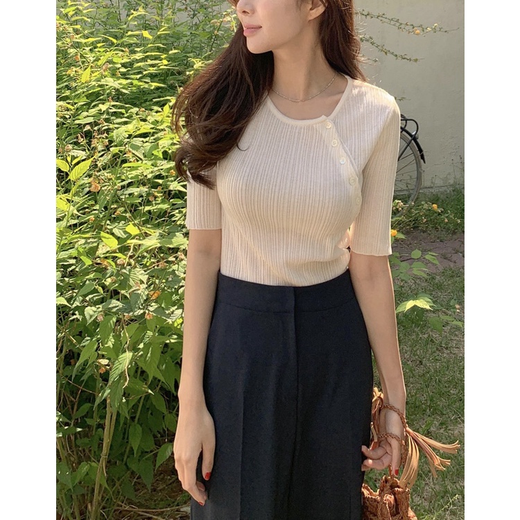 CHUNYU OUTLETS เสื้อยืด แขนสั้น ลายทางแนวตั้ง เหมาะสำหรับพนักงานออฟฟิศ 8809#