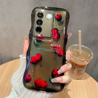 เคส Vivo V29 V27 5G เคส Vivo Y36 เคส Vivo V27 V25 Pro เคส Vivo V27E เคส เคสโทรศัพท์มือถือแบบนิ่ม TPU ใส กันกระแทก กันรอยกล้อง ลายดอกทิวลิป ดอกกุหลาบ สีแดง สไตล์เรโทร สําหรับ