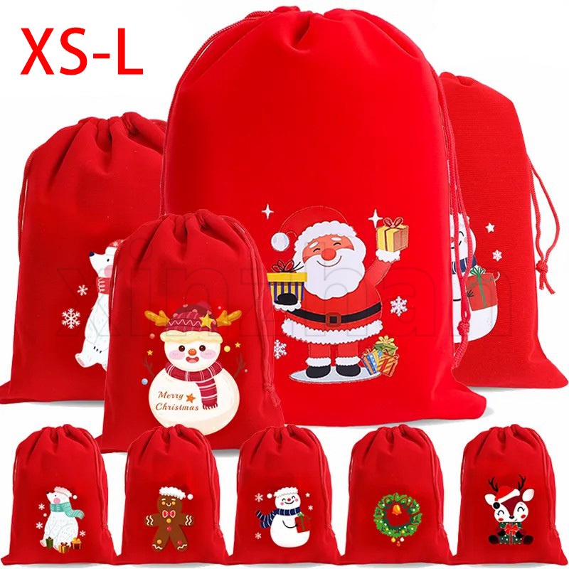 ถุงผ้ากํามะหยี่ ลายซานตาคลอส กวางเอลก์ สโนว์แมน สีแดง สําหรับใส่ขนมขบเคี้ยว ตกแต่งปาร์ตี้คริสต์มาส 1 ชิ้น
