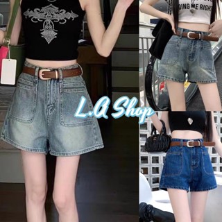 L.A Shop ​พร้อมส่ง กางเกงยีนส์เอวสูง ทรงวินเทจขาสั้น แถมเข็มขัด "K2" -NZ