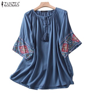 Zanzea เสื้อคอกลม แขนห้าส่วน ปักลาย ทรงหลวม แฟชั่นสําหรับผู้หญิง
