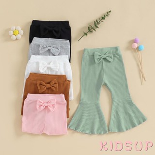 Kidsup1- กางเกงขาบาน ยางยืด ประดับโบว์ แต่งระบาย สีพื้น สําหรับเด็กผู้หญิง เด็กวัยหัดเดิน