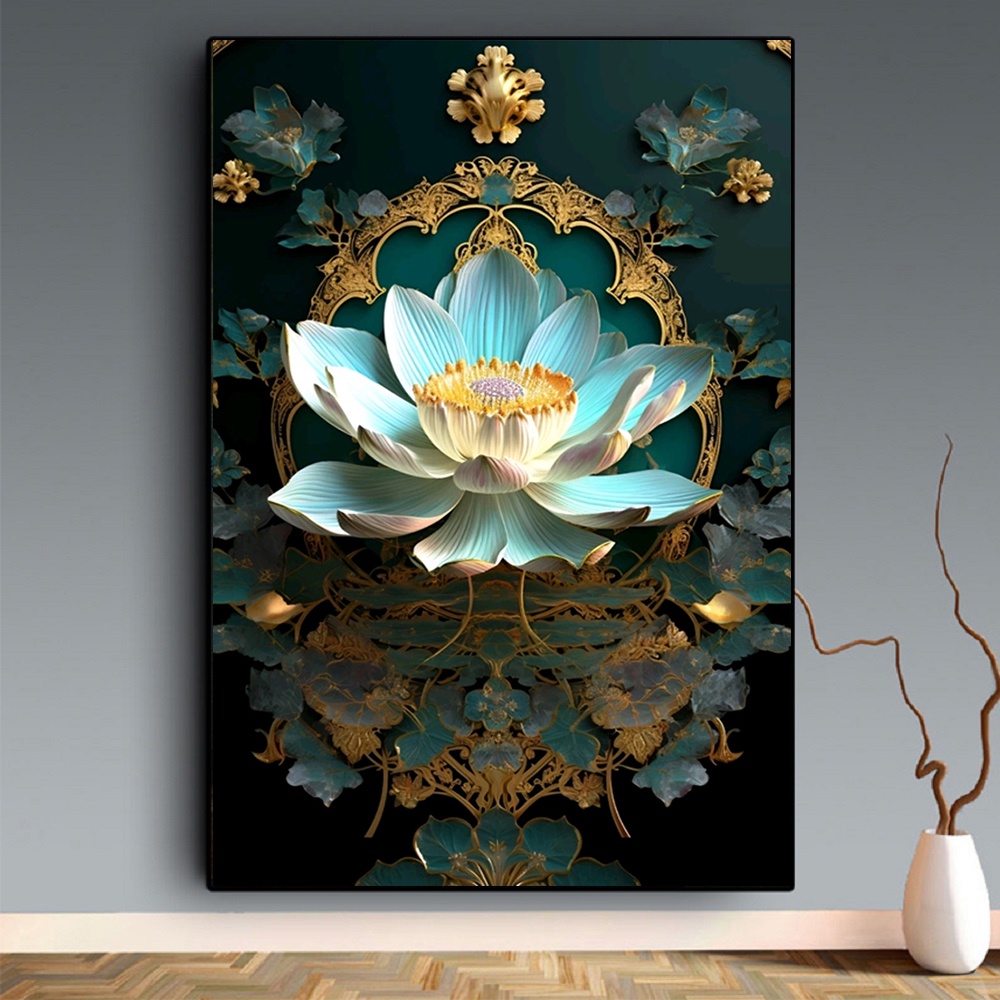 ดอกบัวที่มีสีสันผ้าใบจิตรกรรมตกแต่งบ้านที่สวยงามผนังศิลปะภาพพุทธศาสนา - รูปที่ 4