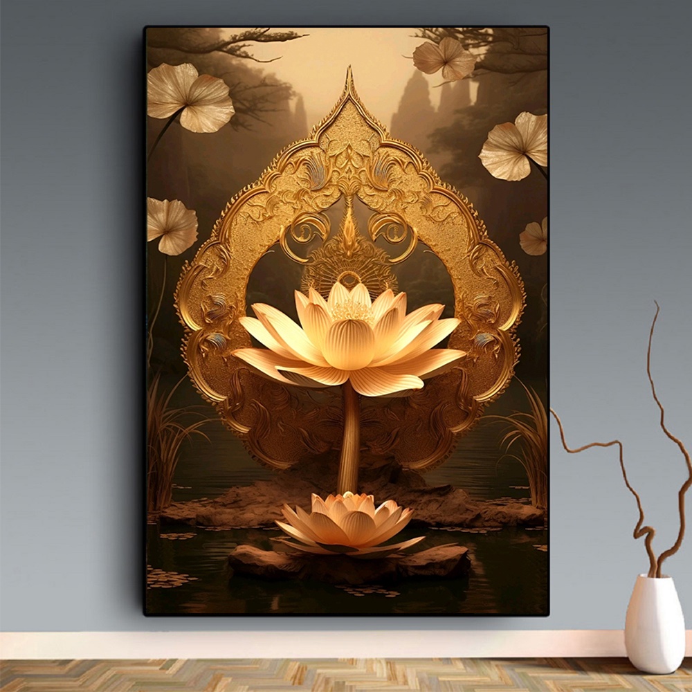 ดอกบัวที่มีสีสันผ้าใบจิตรกรรมตกแต่งบ้านที่สวยงามผนังศิลปะภาพพุทธศาสนา - รูปที่ 5