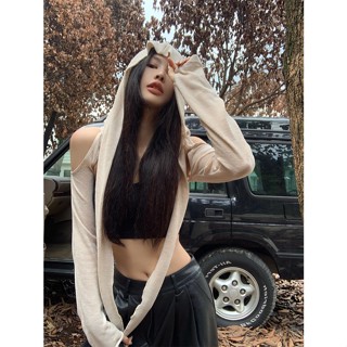 「Nonfatgirl」เสื้อแจ็กเก็ต เปิดไหล่ มีฮู้ด แบบสั้นพิเศษ สําหรับผู้หญิง