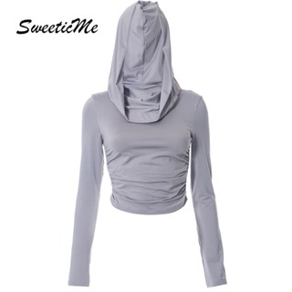 Sweeticme ใหม่ เสื้อฮู้ดดี้ลําลอง แขนยาว เข้ารูป สีพื้น แฟชั่นสําหรับผู้หญิง 2023