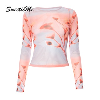 Sweeticme ใหม่ เสื้อยืดซีทรู แขนยาว คอกลม พิมพ์ลาย เข้ากับทุกการแต่งกาย แฟชั่นสําหรับผู้หญิง 2023