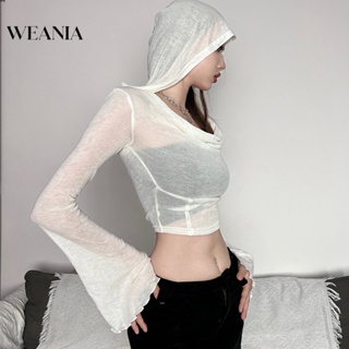 Weania เสื้อฮู้ด ผ้าฝ้ายซีทรู แขนยาว แบบบาง แฟชั่นฤดูใบไม้ร่วง สําหรับผู้หญิง