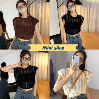 Mini shop🌸พร้อมส่ง🌸 (7683) เสื้อถักไหมพรม แขนกุด 3สี ดีเทลเสื้อเป็นรูๆ -C