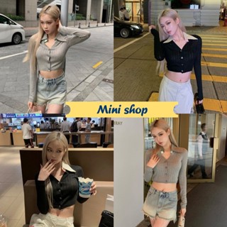 Mini shop🌸พร้อมส่ง🌸 (54168) เสื้อไหมพรมผ้าร่องยืด แขนยาว คอปกสีพื้น -C