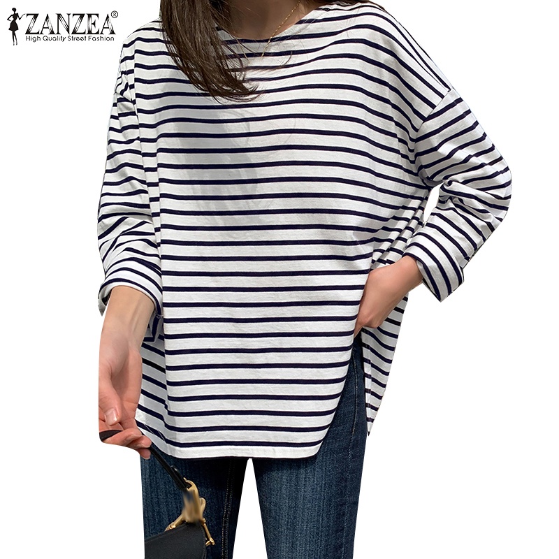 Zanzea เสื้อยืดถัก คอกลม แขนยาว พิมพ์ลายทาง สไตล์เกาหลี สําหรับผู้หญิง