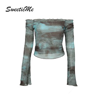 Sweeticme ใหม่ เสื้อยืดลําลอง แขนยาว เปิดไหล่ ผ้าตาข่าย สีมัดย้อม เซ็กซี่ แฟชั่นสําหรับสตรี 2023