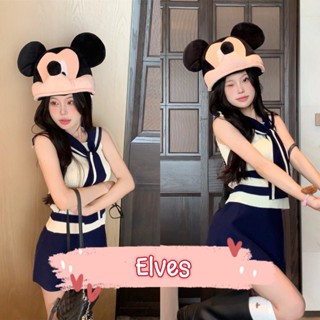 Elves✨พร้อมส่ง✨ เสื้อกล้ามไหมพรม คอปกทหารเรือลายแถบ ~56128~ -C