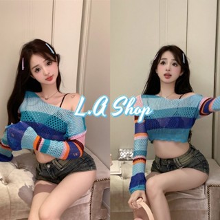 L.A Shop ​พร้อมส่ง เสื้อครอปถักไหมพรม แขนยาวหายเฉดสีในตัว "09022" -C