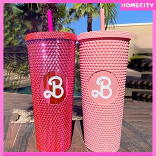 [พร้อม] 【ภาพยนตร์บาร์บี้】สีชมพู Barbi Cup Diamond Studded Double Wall Tumbler นำกลับมาใช้ใหม่ได้ Bling 24oz พร้อมถ้วยทุเรียนฟาง