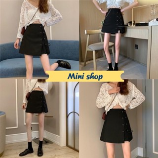 Mini shop🌸พร้อมส่ง🌸 (16012) กระโปรงสั้นไหมพรม ทรงเอแต่งเชือกด้านข้าง -C