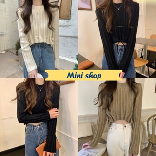 Mini shop🌸พร้อมส่ง🌸 (85163) เสื้อแขนยาว ผ้าไหมพรมผ้าร่อง พริ้วๆลายตรง -C