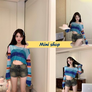 Mini shop🌸พร้อมส่ง🌸 (09022) เสื้อครอปไหมพรม ระบายรูๆหลายสี -C